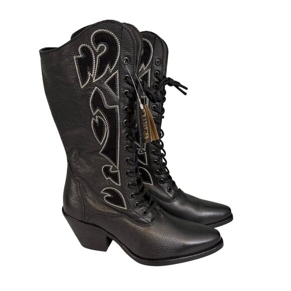 Dingo Women's 7M Black Retro Western Lace Up Snip Toe San Miguel Leather Boots